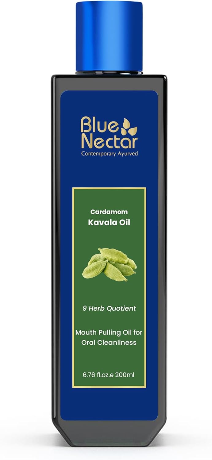 Blue Nectar Cardamom Mint Oil Pulling for Mouth | Ayurvedic Mouth Freshener & Mouthwash | Natural Pulling Oil for Cool Fresh Breath & Daily Oral Care (9 Herbs, 6.76 Fl Oz)