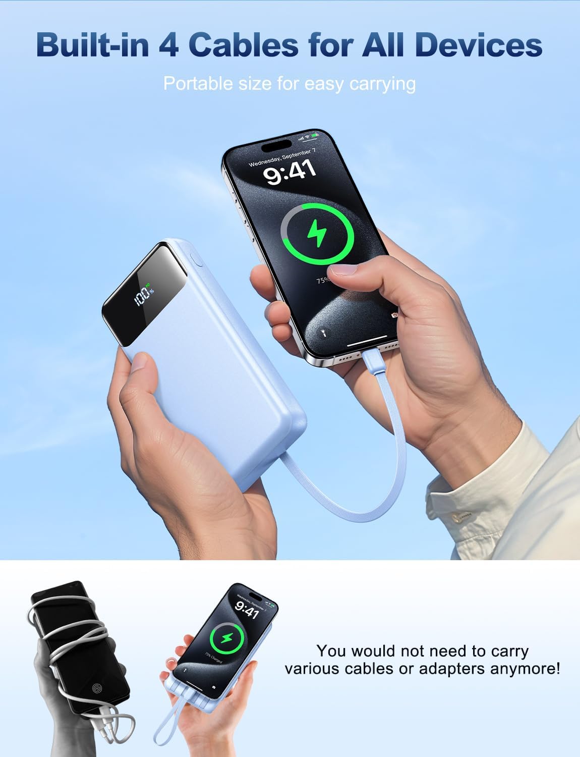 Portable Charger Power Bank 50000mAh Battery Pack, 22.5W Fast Charging PowerBank with Built in Cables,Travel Essential USB-C Portable Phone Charger for iPhone Samsung Pixel Android iPad-Blue