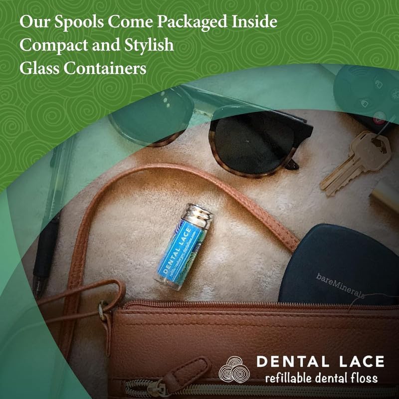 Dental Lace Refillable Silk Dental Floss -100% Silk Floss with Mint Flavor, PFAS & PTFE Free - Includes 1 Refillable Glass Floss Container & 2 Spools (66 Yards) - Recyclable Packaging (Pack of 2)