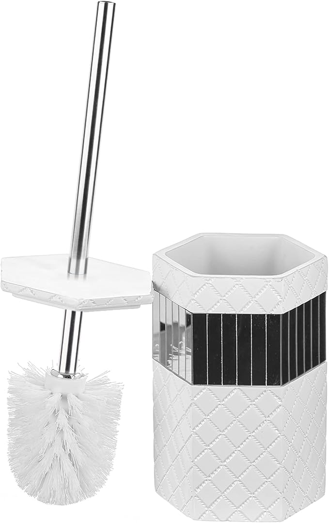 Creative Scents Quilted Mirror Bathroom Toilet Brush Set - White Toilet Bowl Brush and Holder - Good Grip Toilet Bowl Cleaner Brush and Holder - Decorative Compact Toilet Bowl Scrubber