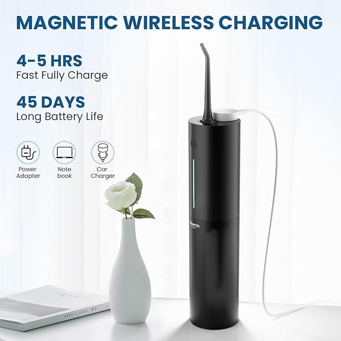 Cordless Water Flosser, Rechargeable Water Dental Flosser Pick for Teeth, IPX7 Waterproof Electric Water Dental Flosser, 3 Modes 4 Replaceable Jet Tips, Oral Irrigator for Home Travel (Black)