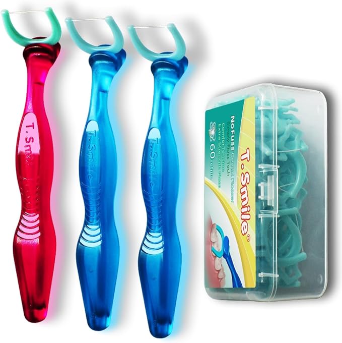 T.Smile NoFuss Dental Flosser Kit, 5-inch Long Handles & Refill Heads, Extra-Strength Floss for Comfortable Clean, Fluoride Free, (3 Handles + 60 Extra-Strength Floss Refills)