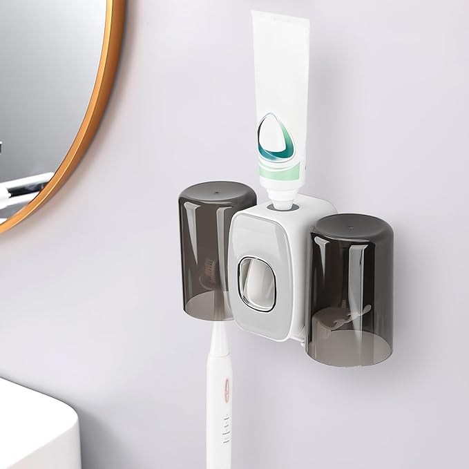 4 Slots Wall Mount Toothbrush Holder with Cover, Self Adhesive Toothbrush Storage Organizer for Shower, Toothbrush Hanger with 2 mouthwash Cups for Bathroom, Medicine Cabinet, Dorm (White)