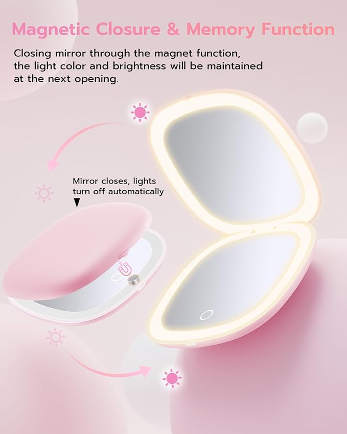 Benbilry 3.9" Rechargeable Compact Makeup Mirror with 3 Light Colors and Magnification 1X / 10X, Double Light Strip Dimmable Small LED Travel Mirror for Purse, Light Pink