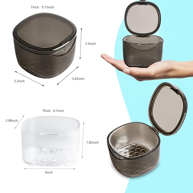 Upgraded Denture Bath Box Cup, No-Leak Denture case,Retainer Cleaning Box, Complete Clean Care for Dentures, Clear Braces, Mouth Guard, Night Guard & Retainers (transparent grey)