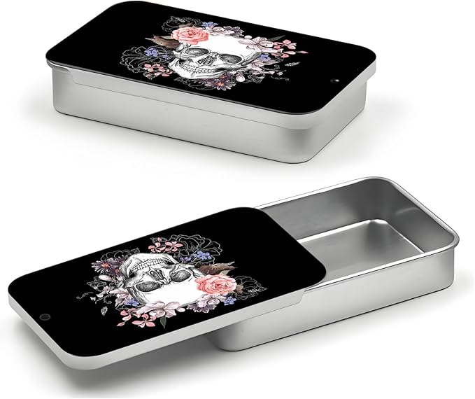 Portable Dental Floss Case, Refillable Cute Travel Floss Dispenser for Men & Women, Pocket Travel Floss Picks Case for Purse, Backpack, Bag Floral Skull Art