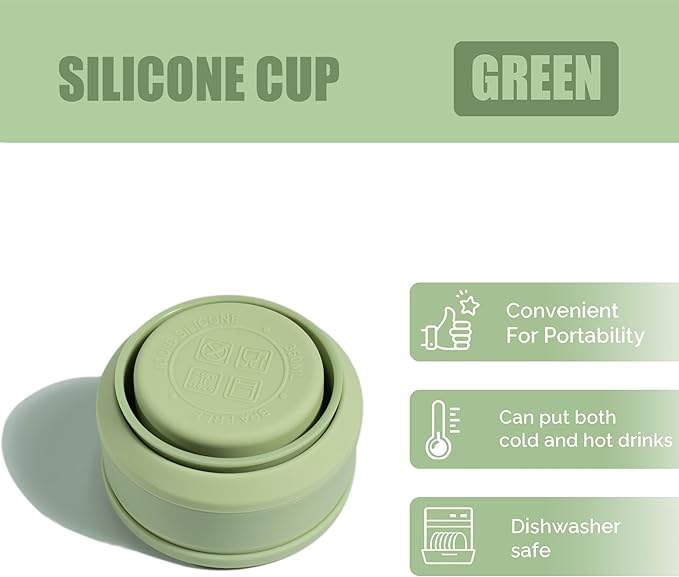Collapsible Cup for Traveling, 12Oz Collapsible Silicone Travel Cup for Hot and Cold Drinks, Leak Proof Reusable Folding Travel Coffee Mug for Camping & Hiking, Green