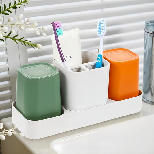 Toothbrush Holder for Bathroom, Bathroom Organizer Storage Set with 2 Cups, Kids Electric Toothbrush Holder, Bathroom Accessories Storage for Toothpaste