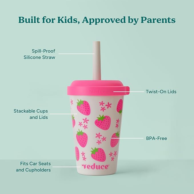 REDUCE GoGo's Kids Portable Tumbler Cups with Lids and Spill-Proof Straws - 10 Pack of Stackable 12 oz Tumblers with Twist-On Lids - Easy Storage, Dishwasher Safe - Play Date