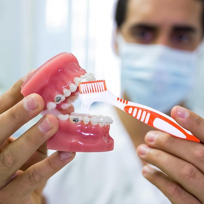 2Pcs Denture Brush, Denture Cleaning Brush Set with White Carrying Case Denture Toothbrushes with Multi-Layered Soft Bristles and Rubber Anti-Slip Handle (Blue + Orange)