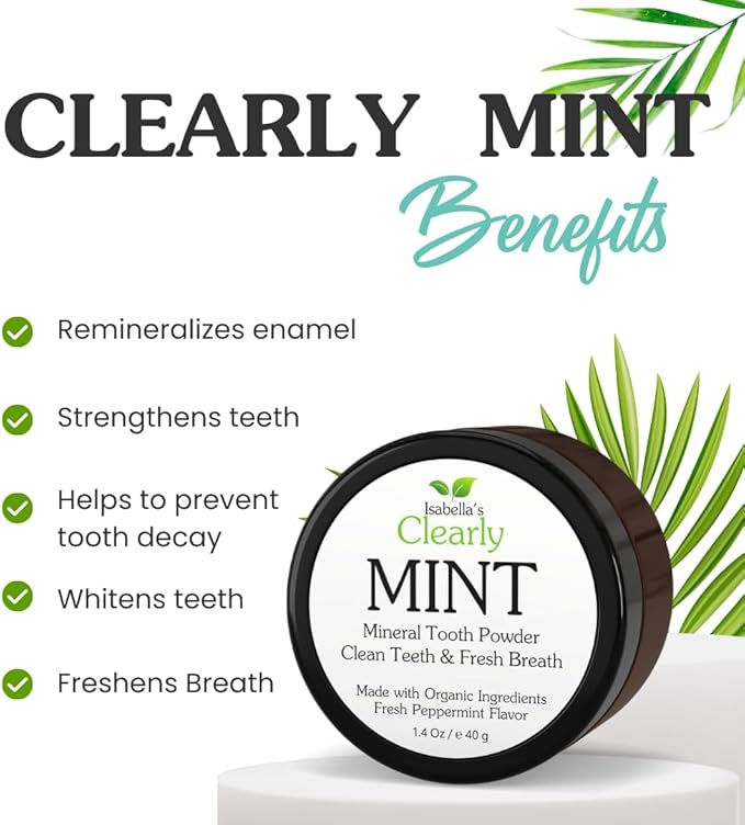 Isabella's Clearly Mint Remineralizing Tooth Powder - Natural Fluoride Free Toothpaste for Adults, Teeth Whitening, Xylitol, Baking Soda, Clay, Calcium