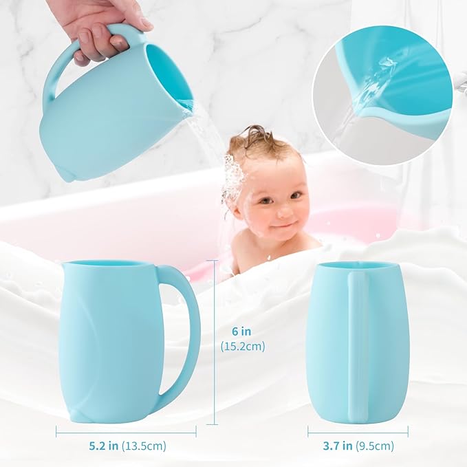Baby Bath Rinse Cup - Children's Shampoo and Body Wash Rinse Cup with Easy Grip Handle for Rinsing Baby Shampoo and Soap - Food Grade Silicone - Penguin (Blue)