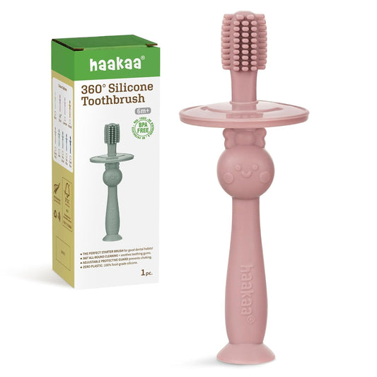 haakaa 360° Baby Toothbrush with Suction Base - Gentle Cleaning for Infant Self-Brushing Training, Food-Grade Silicone, Adjustable Safety Shield - Blush (1 Piece)
