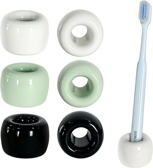 6-Pack Mini Ceramic Toothbrush Holders – Bathroom Countertop Organizers | Compact Hygienic Brush Stands (White+Black+Green)