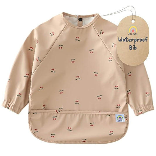 ARI MES Long Sleeves Waterproof Baby Bibs for Eating - Cherries, Large- Wearable, Coverall for Toddler, Long Sleeve Bib, Smock Apron for Feeding - Applicable for 6-72 Months