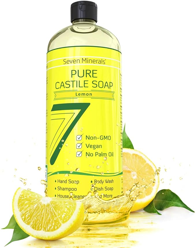 Seven Minerals Pure Castile Soap, Lemon - No Palm Oil, GMO-Free - Gentle Liquid Soap For Sensitive Skin & Baby Wash - All Natural Vegan Formula with Organic Carrier Oils (33.8 fl oz)