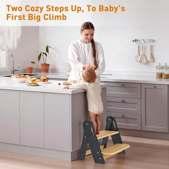 Toddler Step Stool, Wooden Height-Adjustable 2 Step Stool for Kids, 2 in 1 Potty Training Stool with Safety Handles Non-Slip Pads for Bathroom Sink, Kitchen, Bedroom (Grey, Foldable)