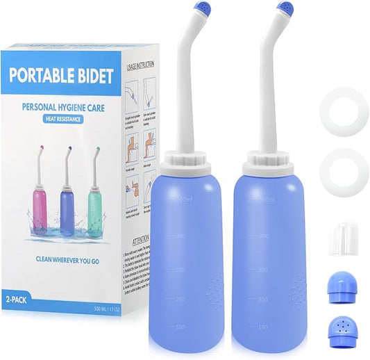 RUFCRIL Peri Bottle, 2-Pack Portable Travel Bidet with Bag, TPE Material Can Be Boiled, 17oz/500ml with 2 Sealing Rings,Essentials for Postpartum Perineal Care,Hemorrhoid Treatment,and Baby(Blue)