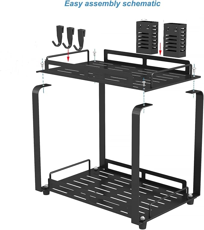 junyuan Large Bathroom Organizer Countertop,2 Tiered Organizer Shelves with Toothbrush Holders,Bathroom Counter Storage Rack with Basket and Hooks Metal Black