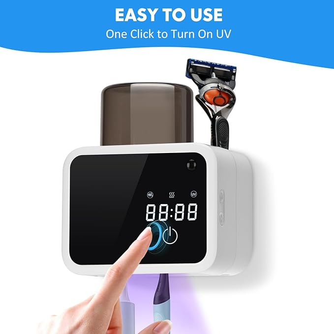 Wall Mounted Toothbrush Cleaning Holder, 2 Slots UV Toothbrush Cleaner with LED Screen, Timer and Cup, Smart Toothbrush Storage with Heating and Fan Drying for Bathroom Organizer & Decor - White