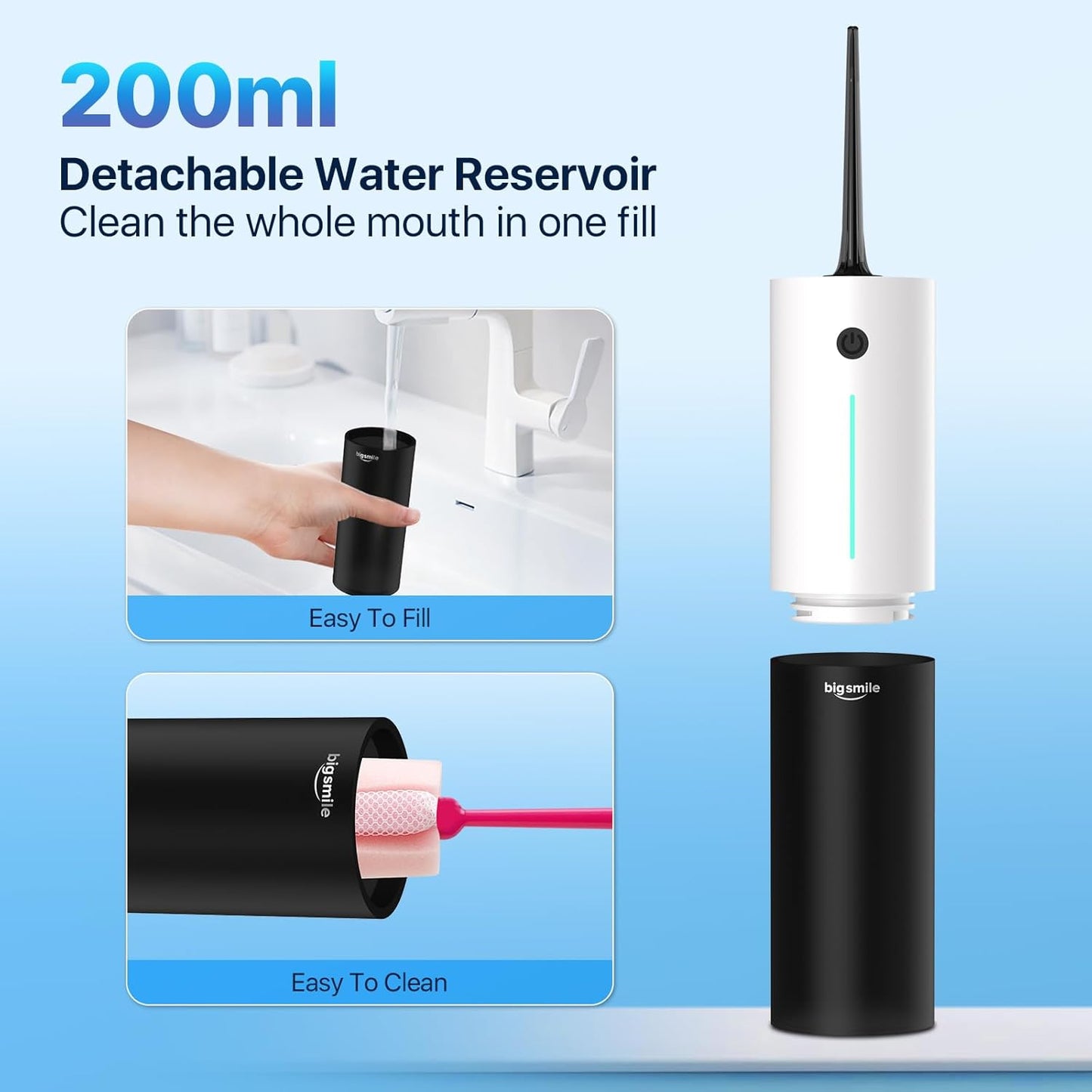 Bigsmile Water Flosser, Electric Oral Irrigator, USB Rechargeable, IPX7 Waterproof, Cordless Water Flosser, Effectively Maintain Oral Cleanliness and Health (Black and White)