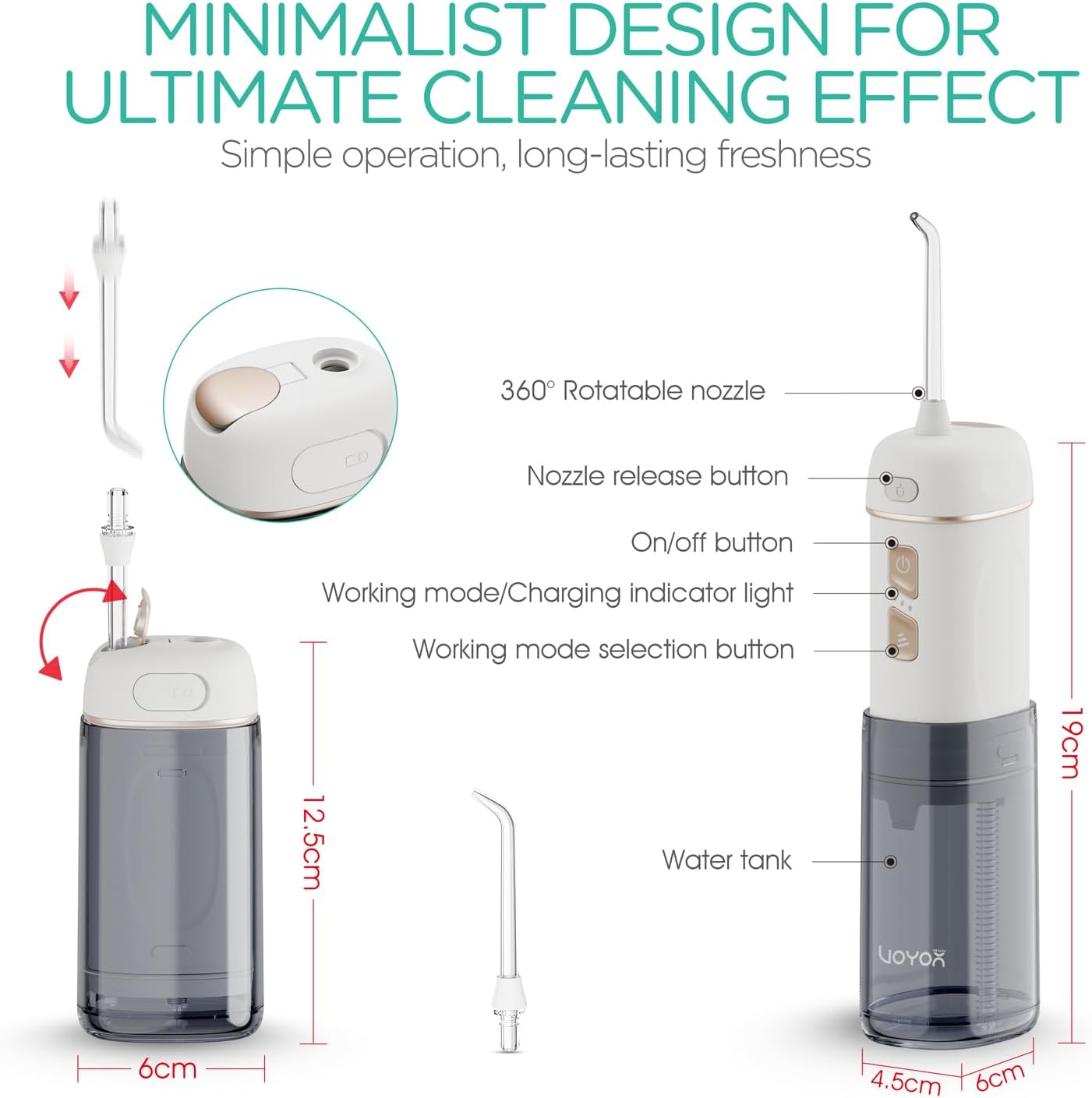 VOYOR-HEALTH Water Flosser Cordless for Teeth, Portable Mini Irrigador Dental, 3 Modes IPX7 Waterproof Rechargeable Electric Flosser, Home & Travel Power Dental Flossers for Braces WF510 (Gold)