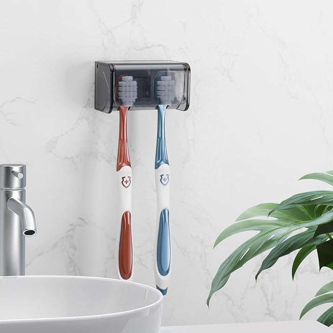 Toothbrush Holders Wall Mounted with Cover, Electric Tooth Brushing Holder for Bathroom, 2 Slots Self Adhesive Toothbrush Organizer, Toothbrush Stand for Family, Kids (1, Transparent Black)