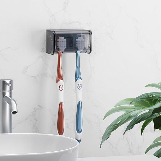 Toothbrush Holders Wall Mounted with Cover, Electric Tooth Brushing Holder for Bathroom, 2 Slots Self Adhesive Toothbrush Organizer, Toothbrush Stand for Family, Kids (1, Transparent Black)
