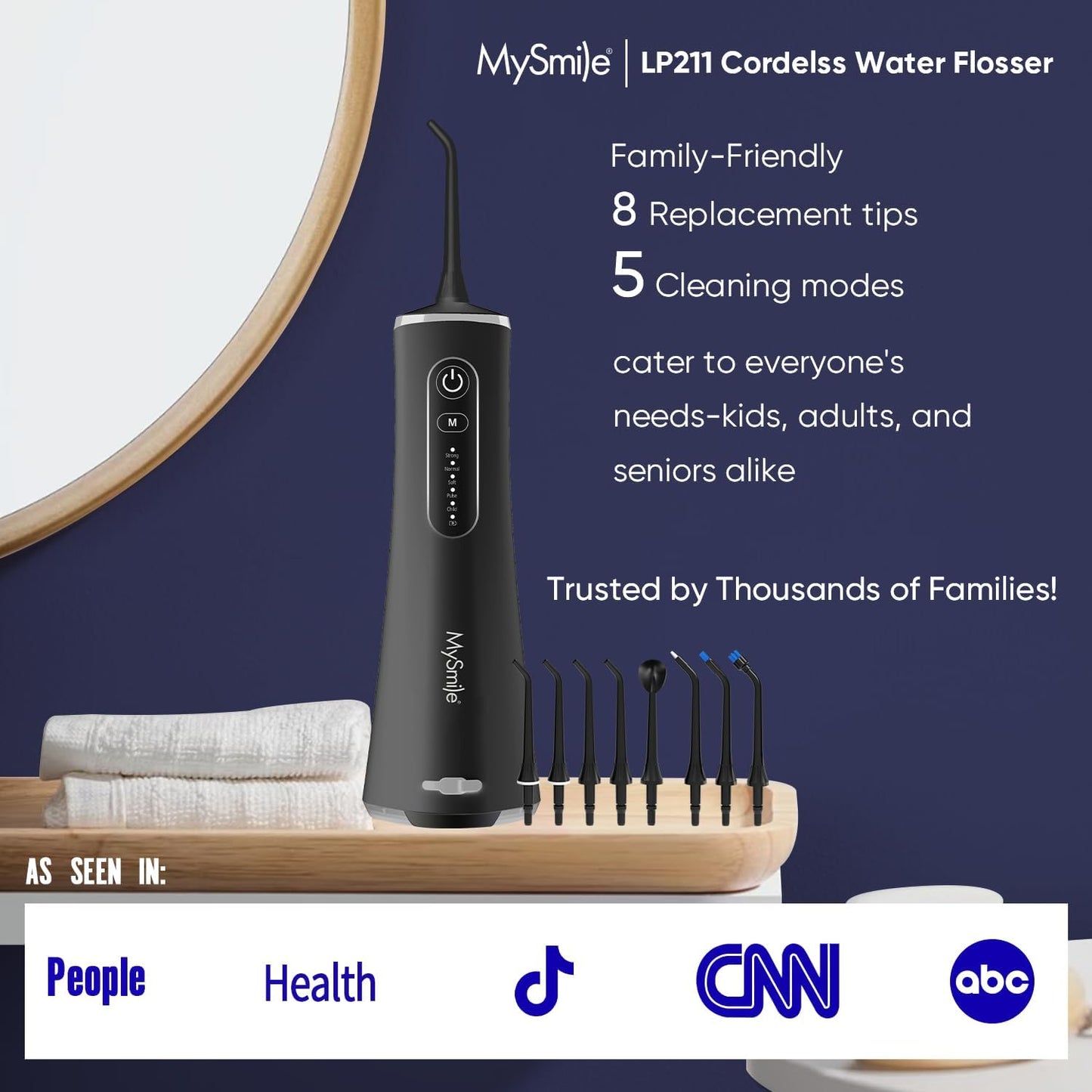 MySmile LP211 Cordless Water Flossers, Portable Rechargeable Oral Irrigator for Teeth Cleaning, 5 Cleaning Modes, IPX7 Waterproof, 8 Replacement Tips and a Storage Pouch (Midnight Black)