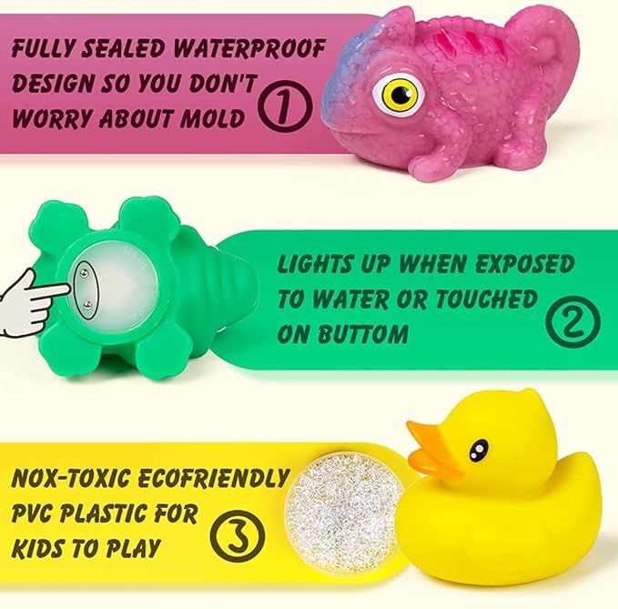 Woby Bath Toys for Toddlers 1-3,No Hole Light Up Bath Toys Baby Bathtub Toys Bathroom Floating Animal Set with Colorful Flashing LED Light for Baby (Funny Forest Animal Style)