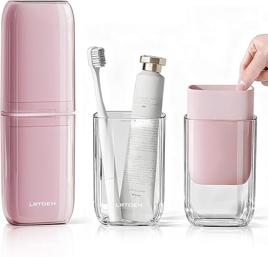 Toothbrush Cup Travel Case, Portable Toothbrush Travel Container Separates into 4 Cups, Tooth Brush Holders with Cover, Toothpaste Storage for Camping, Business Trip, School (Pink)