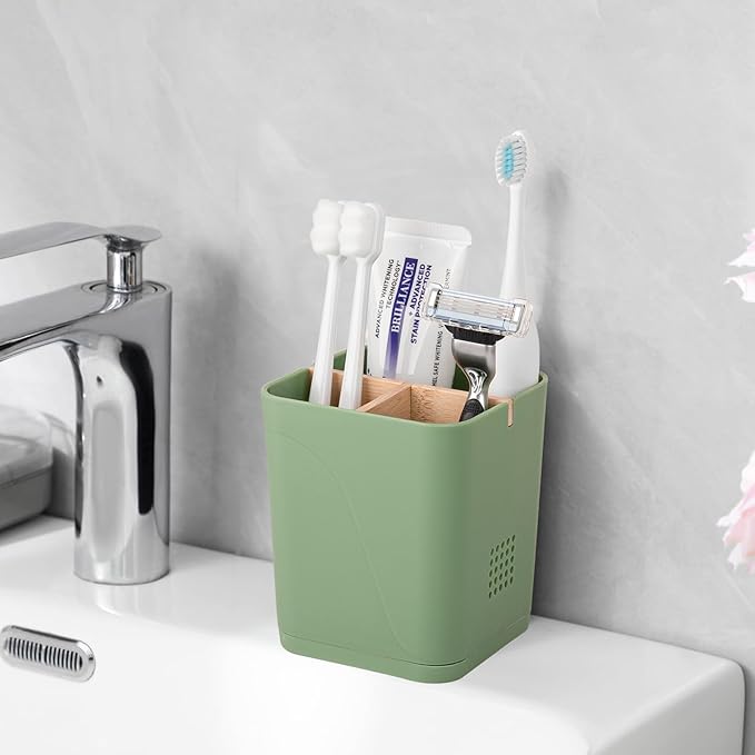 Electric Toothbrush Holder 3 Slots Tooth Brushing Holder with Bamboo Dividers for Bathrooms, Plastic Toothbrush and Toothpaste Organizer for Shower, Countertop, Vanity, Green