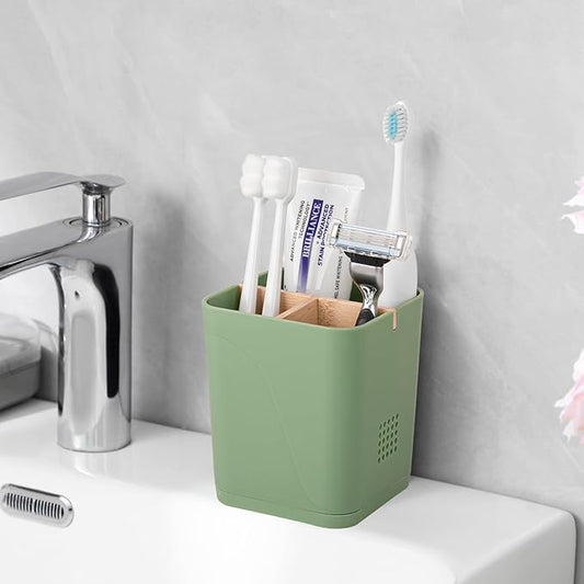 Electric Toothbrush Holder 3 Slots Tooth Brushing Holder with Bamboo Dividers for Bathrooms, Plastic Toothbrush and Toothpaste Organizer for Shower, Countertop, Vanity, Green