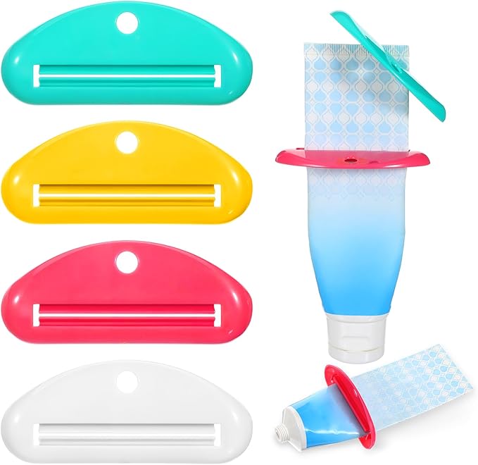 4Pcs Toothpaste Tube Squeezer Tool, Reusable Plastic Toothpaste Dispenser & Holder, 4 Assorted Colors Hanging Tooth Paste Squeezer for Bathroom Toothpastes Cream Cosmetics Paint