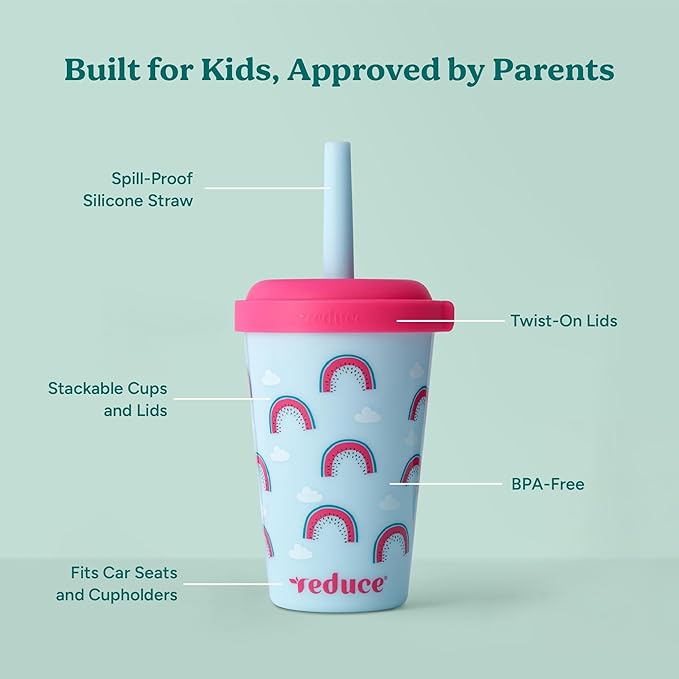 REDUCE GoGo's Kids Portable Tumbler Cups with Lids and Spill-Proof Straws - 5 Pack of Stackable 12 oz Tumblers with Twist-On Lids - Easy Storage, Dishwasher Safe - Serendipity Set