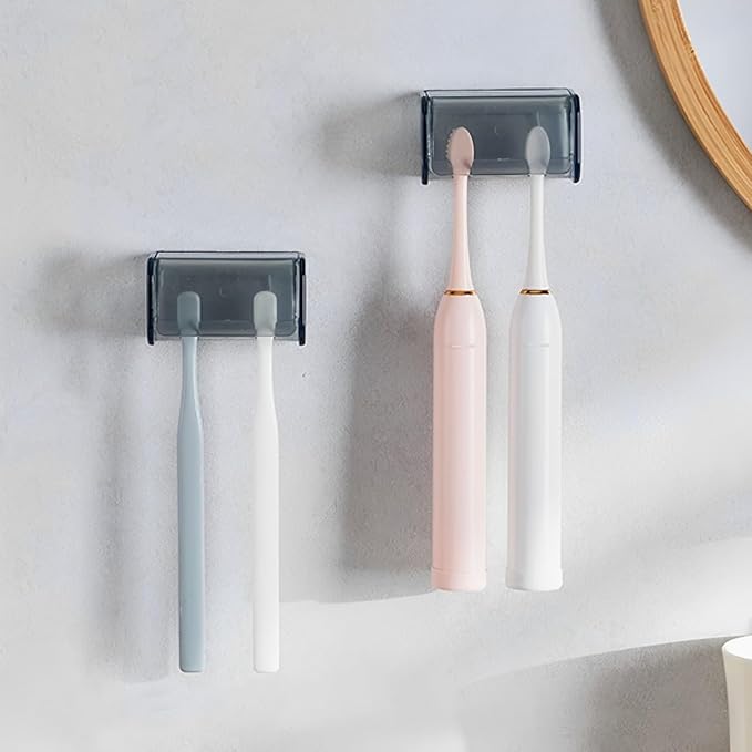 2 PCS Wall-Mounted Toothbrush Holder with Cover, 2-Slot Organizer for Bathroom, Shower, Dorm, Cabinet (Clear)