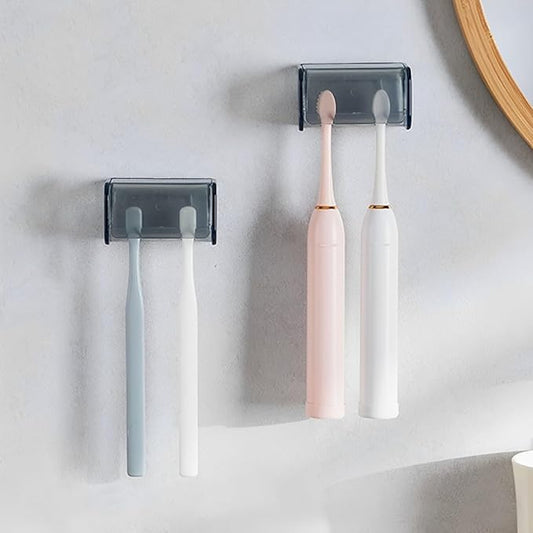 2 PCS Wall-Mounted Toothbrush Holder with Cover, 2-Slot Organizer for Bathroom, Shower, Dorm, Cabinet (Clear)