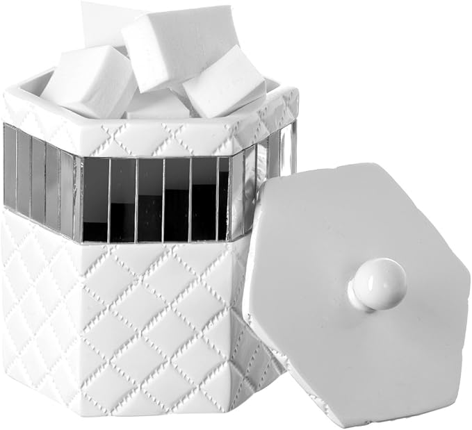 Creative Scents Quilted Mirror Q-Tip Holder, Decorative Bathroom Vanity Cotton Swab Holder Canister Jar With Lid for Cotton Balls, Durable Resin Cosmetic Pads & Swabs Container
