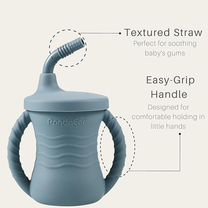 PandaEar Silicone Training Cup, 2 Pack Baby Drinking Sippy Cups with Handles & Straw for Baby and Toddler 6 Months+ (Dark Blue/Light Blue)
