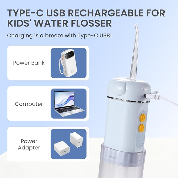 Kids Water Dental Flosser, Portable Water Flosser for Teeth 150ML Rechargeable Oral Irrigator with 3 Modes & 4 Nozzles, IPX5 Waterproof for Home and Travel