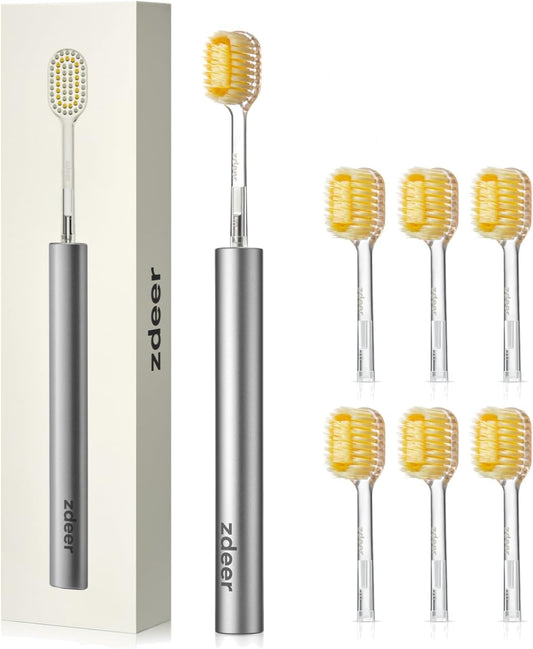 Ultra Soft Manual Toothbrushes for Adults Sensitive Gums– Eco-Friendly Aluminum Alloy+ABS Handle with 6 Replaceable Gum Care Heads, Gentle Wide Bristles for Sensitive Teeth & Gums