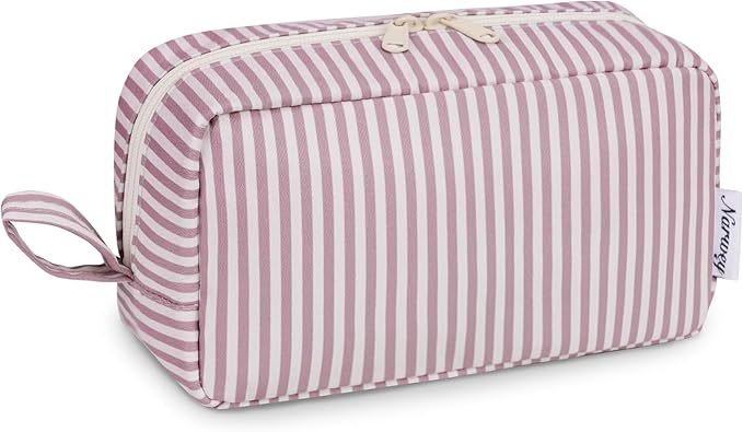 Narwey Cute Makeup Bag Small Toiletry Bag Travel Cosmetic Bag Organizer Make Up Bags with Organized Pockets for Women (Dusty Rose Stripe, Large)