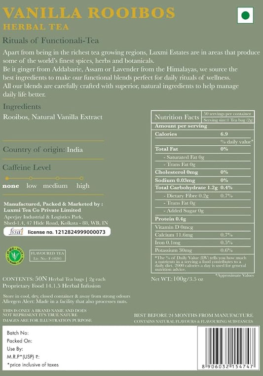Luxmi Estates Rooibos Vanilla Organic Rooibos Tea (50 Tea Bags) Caffeine Free Tea Bags For Relaxing, Calming, and Stress Relief, With Certified Organic Herbal Tea
