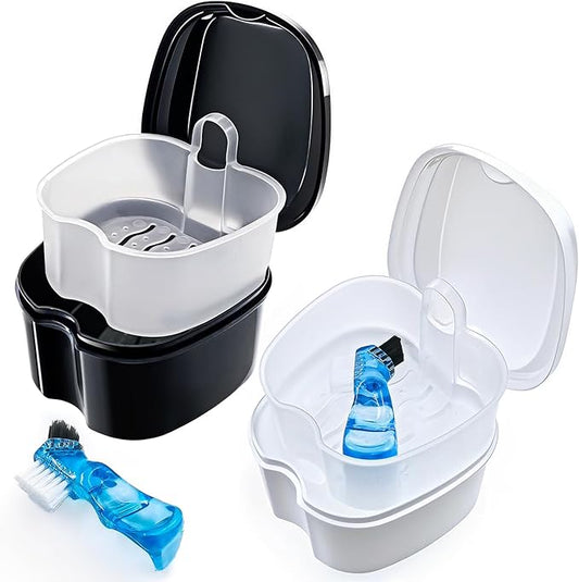Keedolla 2 Pack Denture Bath Case Partial Denture Cup Retainer Cleaning Container, Denture Wash Container Retainer Bath Box Cup Case - Black and White