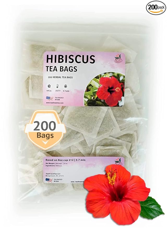 TeaDreamTea Hibiscus Tea Bags 200 Bleach-Free Tea Bags Caffeine Free Dried Hibiscus Flowers Hibiscus Flower Tea Dried Flower Tea Brew Hot or Iced Herbal Hibiscus Tea, 200 Count (Pack of 1)