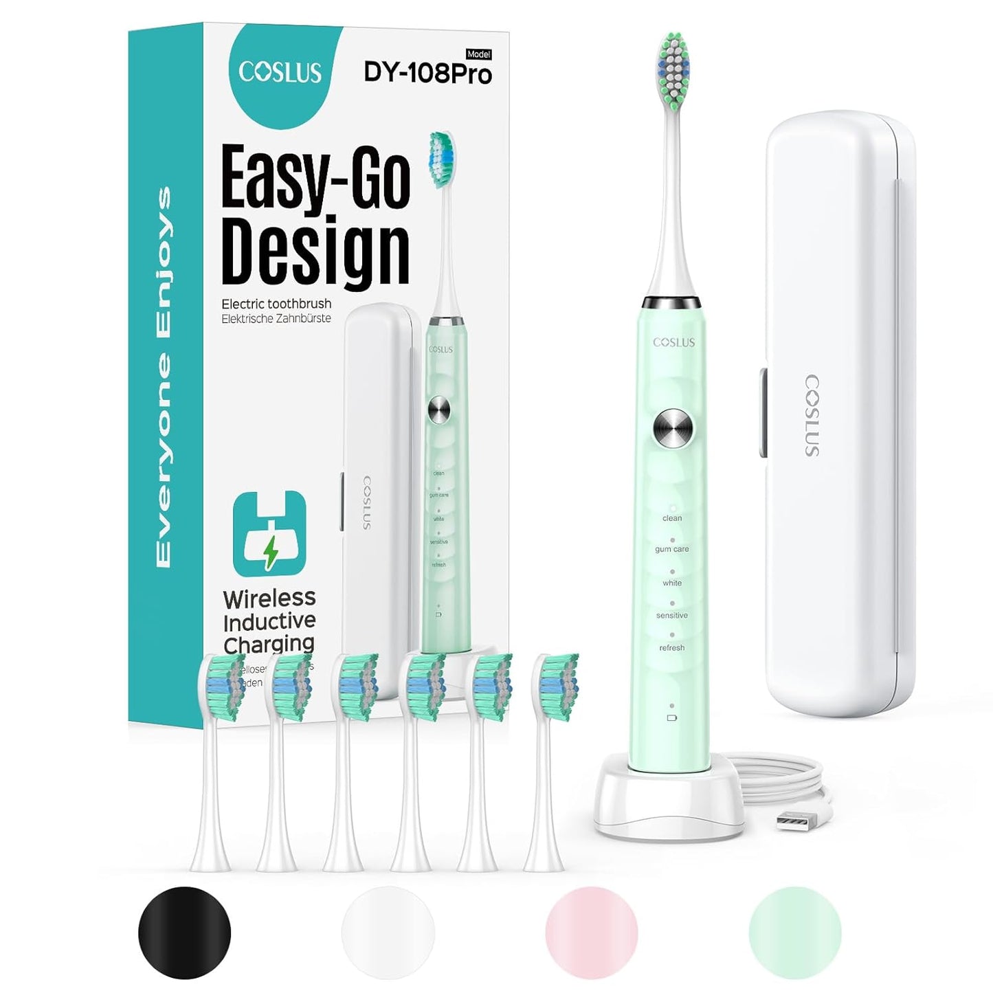 COSLUS Sonic Electric Toothbrush for Kids & Adults: 47000 VPM for Deep Cleaning & Whitening with Travel Case - 5 Modes for Sensitive Teeth & Braces, Wireless Charging, 6 Brush Heads for Home Family