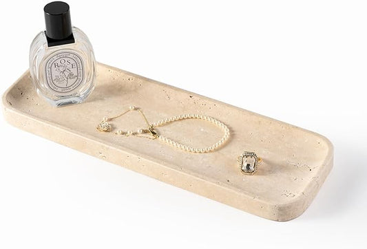 Koville Travertine Tray for Bathroom Sink, 12"x4" Natural Stone Vanity Tray for Kitchen Dresser Countertop, Rectangular Decorative Marble Tray for Jewelry Perfume Trinket(Beige)
