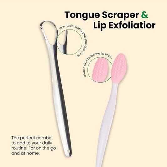 Lindo Oral Care Duo Tongue Scraper and Lip Exfoliator for Adults (2 Pack), Reduce Bad Breath, Stainless Steel Tongue Scraper, Metal Tongue Cleaner, Tongue Scrubber, Softer Lips, Silicone Lip Brush