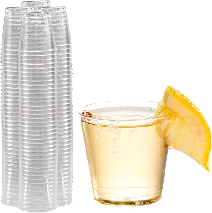 Prestee Disposable Shot Glasses 1 oz - 100 Pack Clear Plastic Shot Glasses for Party, Mini Jello Shot Cups, Small Plastic Cups for Tastings, Condiments, Snacks, and Cocktail Sampling