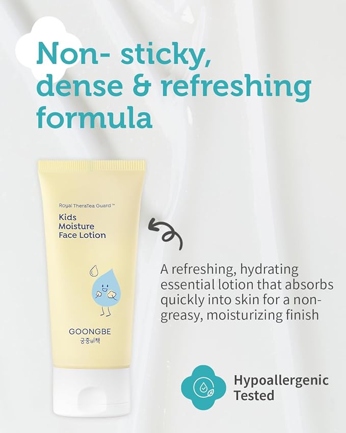 GOONGBE Kids' Moisture Face Lotion - Korean Kids Daily Face Moisturizer - 8hr Moisturizing Refreshing Cream Type Lotion with Cica and Allantoin - Allergen Free Scent, 2.7 fl.oz. 2 Pack